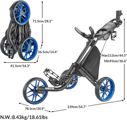 3Wheel Golf Push Cart - Golf Trolley Foldable Collapsible Lightweight Pushcart with Foot Brake - Easy to Open & Close