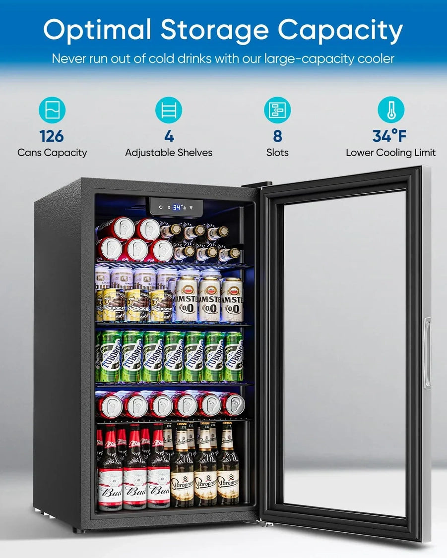 Beverage Refrigerator Cooler 126 Can Mini Fridge Glass Door For Drinks Soda Beer Wine Refrigerator