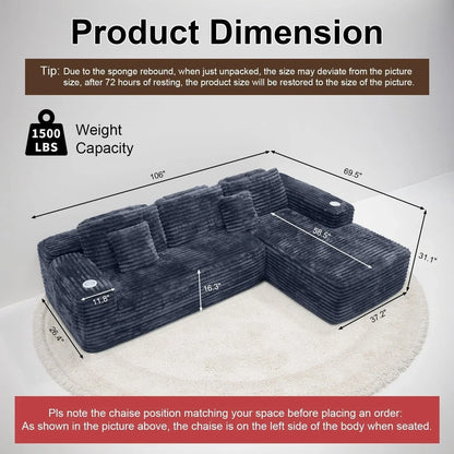 Cloud Section Sofa With L-Shaped Recliner Modern Modular Sofa Built-In Cup Holder
