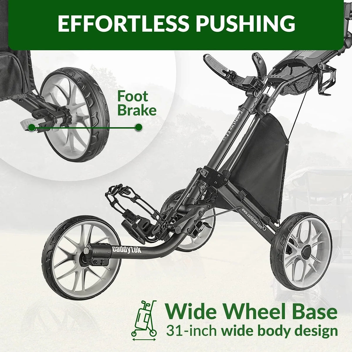 3Wheel Golf Push Cart - Golf Trolley Foldable Collapsible Lightweight Pushcart with Foot Brake - Easy to Open & Close