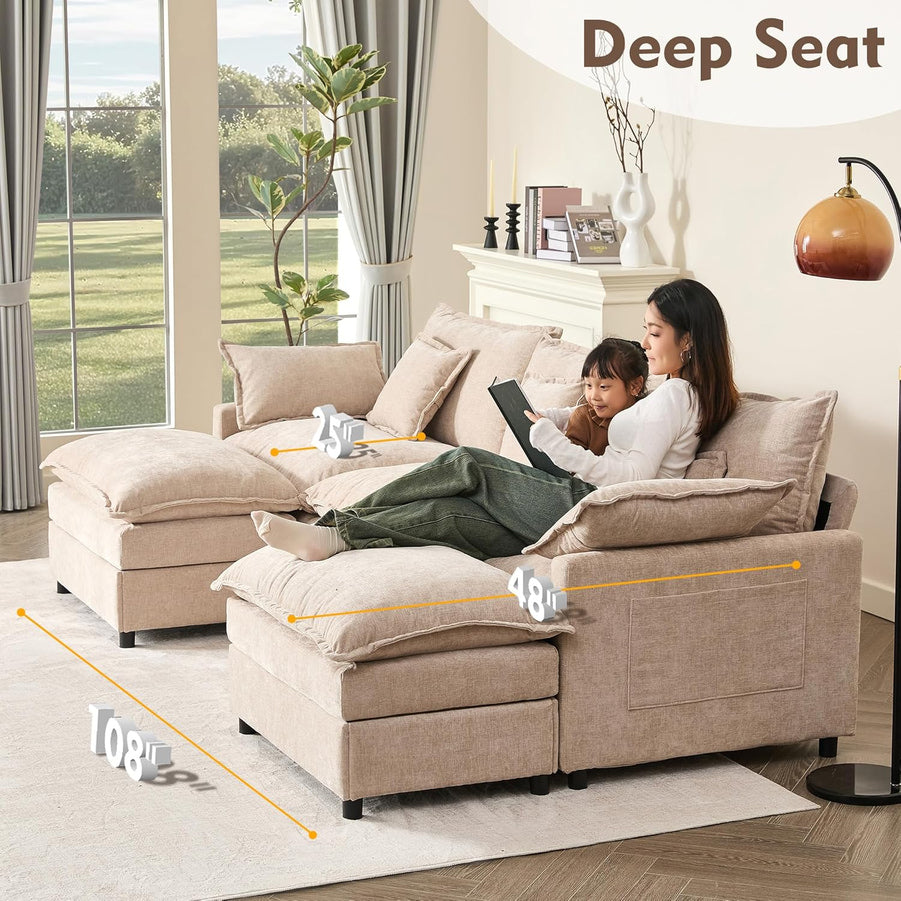 108 In. U Shape Sofa Sectional Sofa Comfortable Cloud Sofa With Removable Footstool