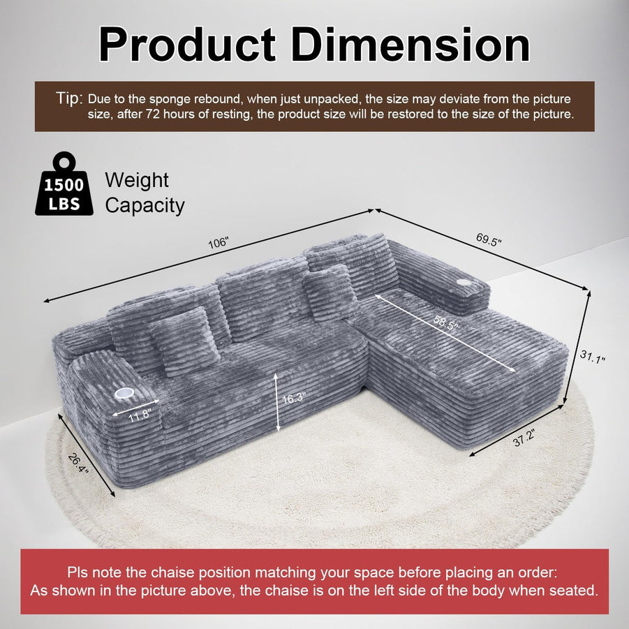 Cloud Sectional Couch With L-Shape Chaise, Modern Modular Sofa With Deep Seat, Built-In Cup Holder And Storage Pocket For Living Room Bedroom