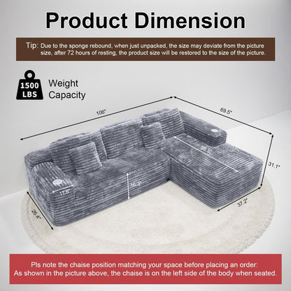 Cloud Sectional Couch With L-Shape Chaise, Modern Modular Sofa With Deep Seat, Built-In Cup Holder And Storage Pocket For Living Room Bedroom