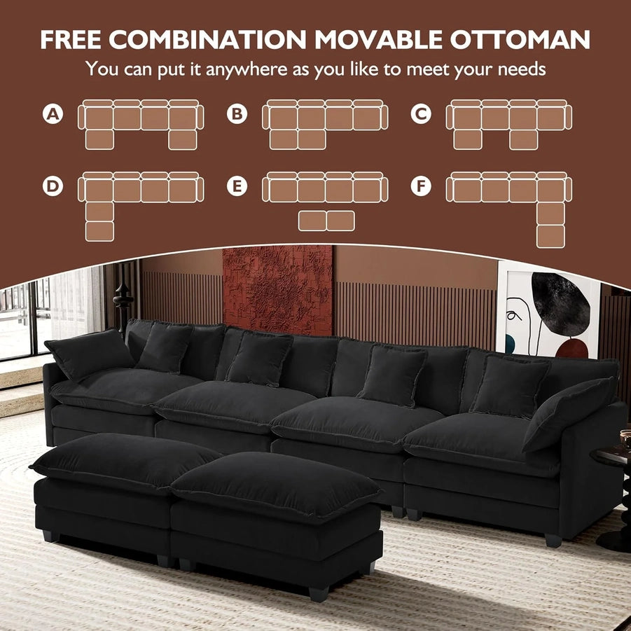 111.4 In. L-Shaped Modern Sofa Modular Cloud Sofa Ottoman 4-Seater Chenille Deep Seat Sofa