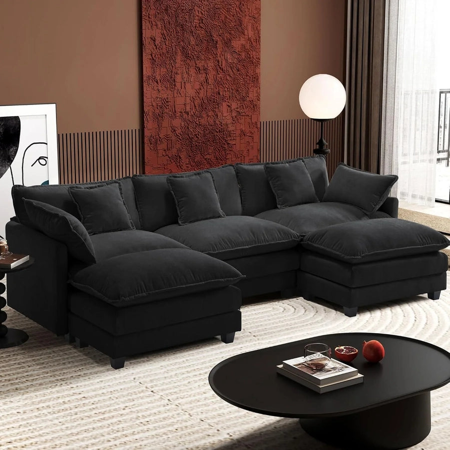 111.4 In. L-Shaped Modern Sofa Modular Cloud Sofa Ottoman 4-Seater Chenille Deep Seat Sofa