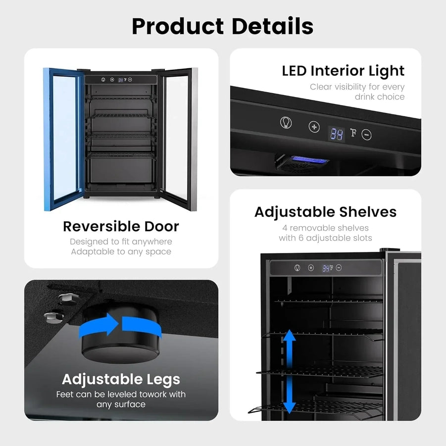 Beverage Refrigerator Cooler 126 Can Mini Fridge Glass Door For Drinks Soda Beer Wine Refrigerator