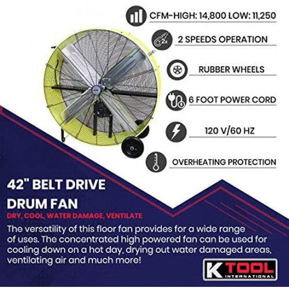 K Tool International 42 In. Belt Drive Drum Fan, Industrial, Garage, Shop, High Speed 2-Speed, Cut-Off Protection, Easy Mobility Rubber Wheels