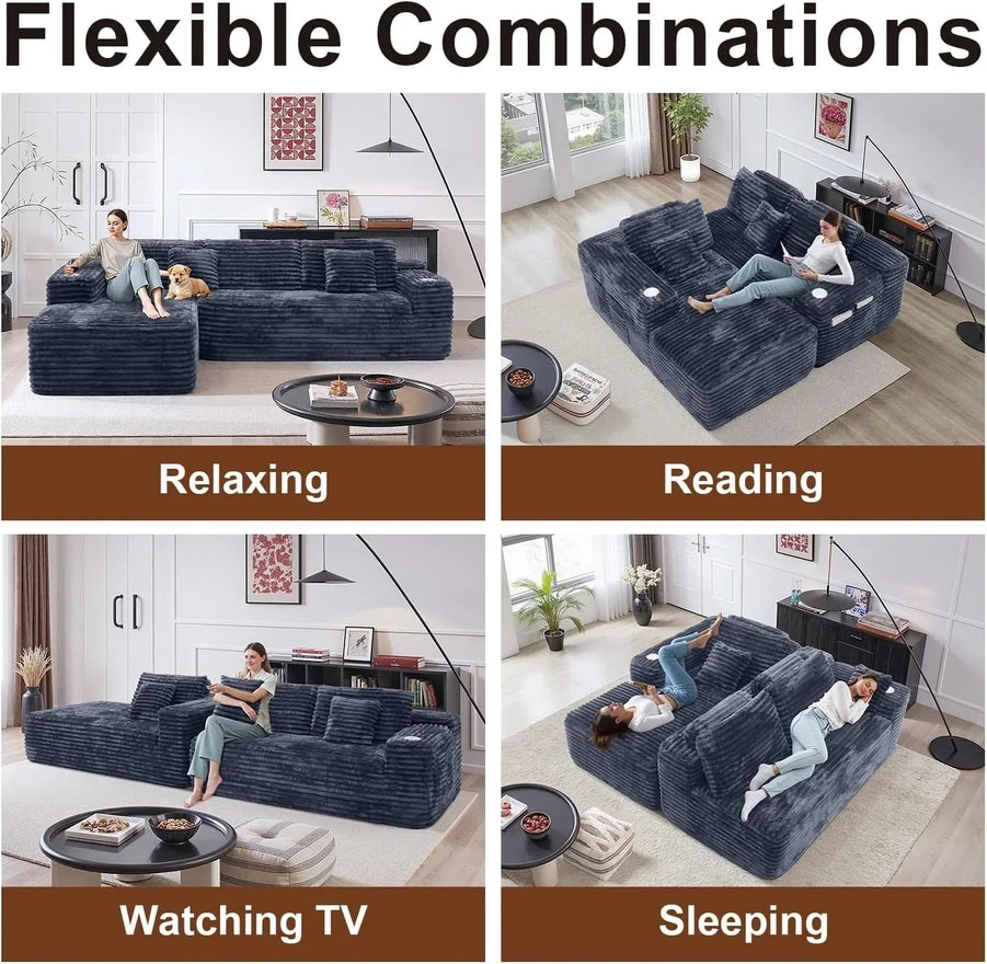 Cloud Section Sofa With L-Shaped Recliner Modern Modular Sofa Built-In Cup Holder