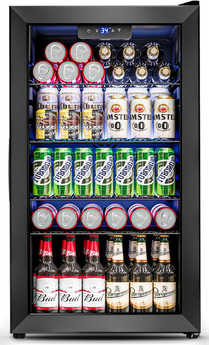 Beverage Refrigerator Cooler- 126 Can Mini Fridge Glass Door For Drinks Soda Beer Wine- Small Refrigerator For Office Bedroom Home Bar