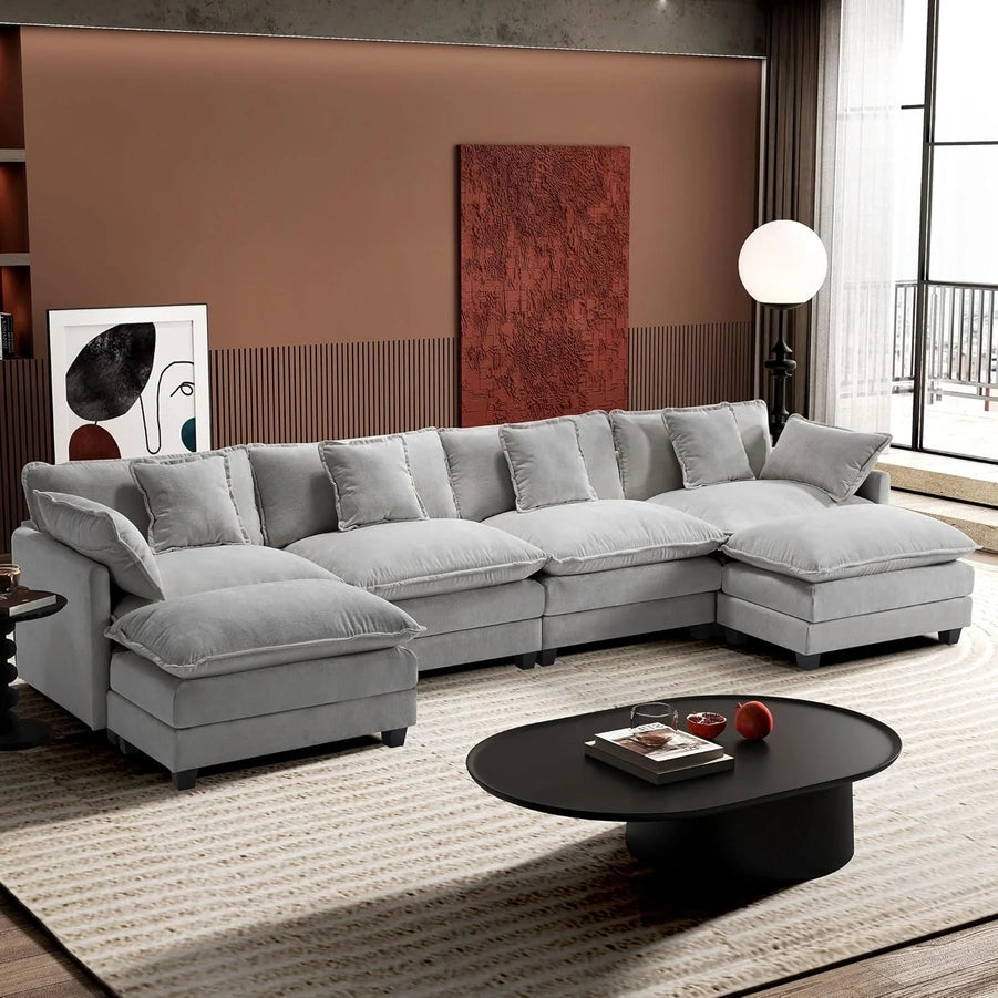 111.4 In. L-Shaped Modern Sofa Modular Cloud Sofa Ottoman 4-Seater Chenille Deep Seat Sofa