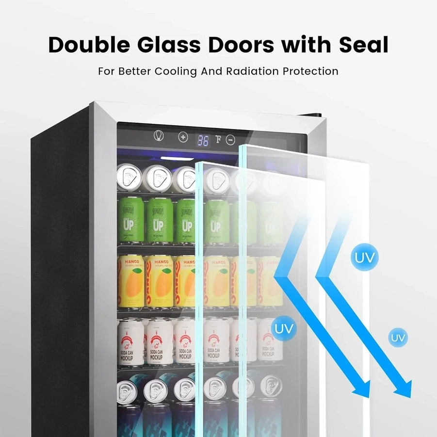 Beverage Refrigerator Cooler 126 Can Mini Fridge Glass Door For Drinks Soda Beer Wine Refrigerator