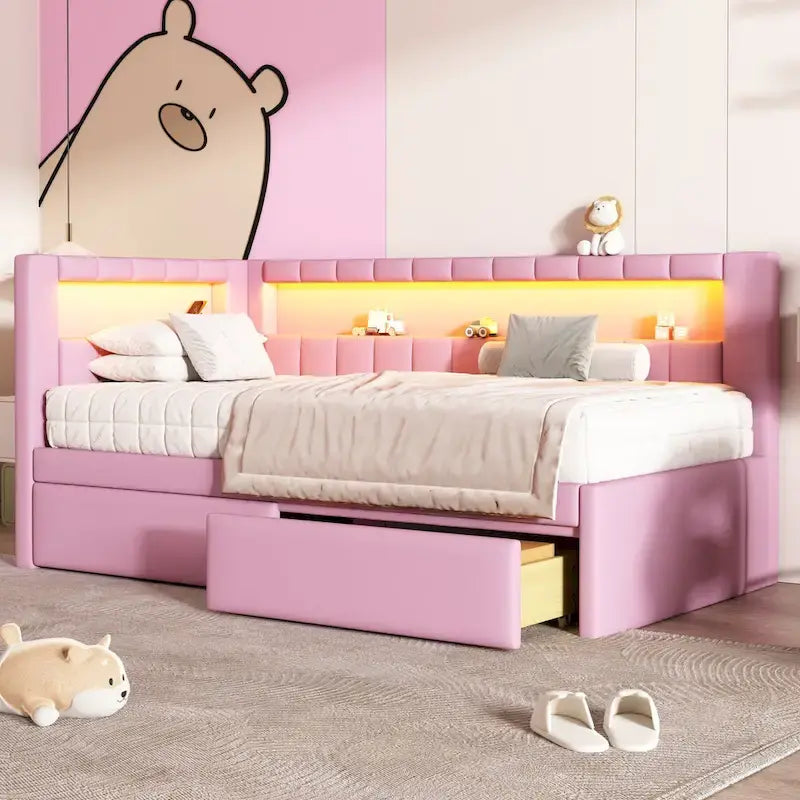 Upholstered Platform Bed with USB Ports & LED Lighting - Full/Twin Size Bed Frame with 2 Storage Drawers - Modern Bedroom
