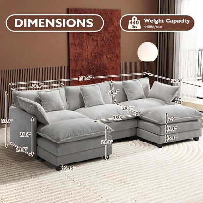 111.4 In. L-Shaped Modern Sofa Modular Cloud Sofa Ottoman 4-Seater Chenille Deep Seat Sofa