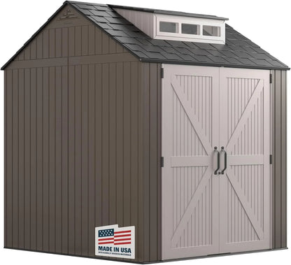 Rubbermaid Resin Outdoor Storage Shed With Floor (7 x 7 Ft) Weather Resistant Gray Organization for Home/Backyard/Garden Tools/Lawn Mower/Bike Storage/Pool Supplies