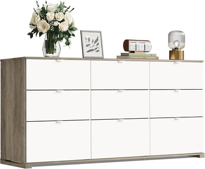 9 Drawer Led Dresser for Bedroom, 58.35'' Wide Wood Dresser Storage Organizer with Power Outlets for 65'' TV, Dressers with Open Shelves