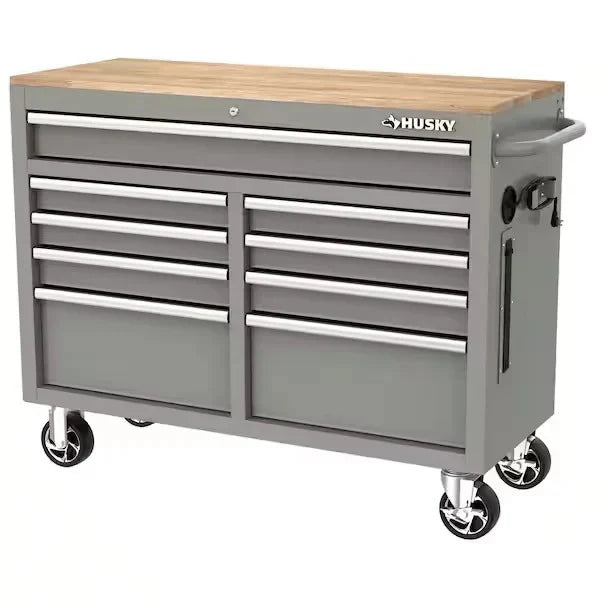 Mobile workbench with 9 drawers, hardwood top and power connection, 117 cm W x 62 cm D C high-gloss black