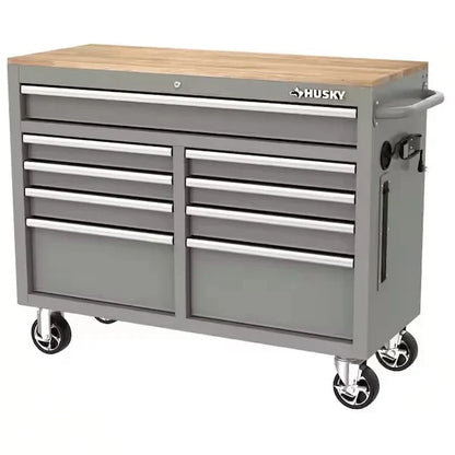Mobile workbench with 9 drawers, hardwood top and power connection, 117 cm W x 62 cm D C high-gloss black