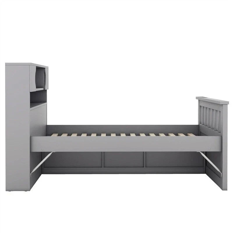 Twin/Full Size Captain Platform Bed with 4 Drawers and Storage Shelves, Solid Wood Bed Frame with Storage Bookcase Headboard