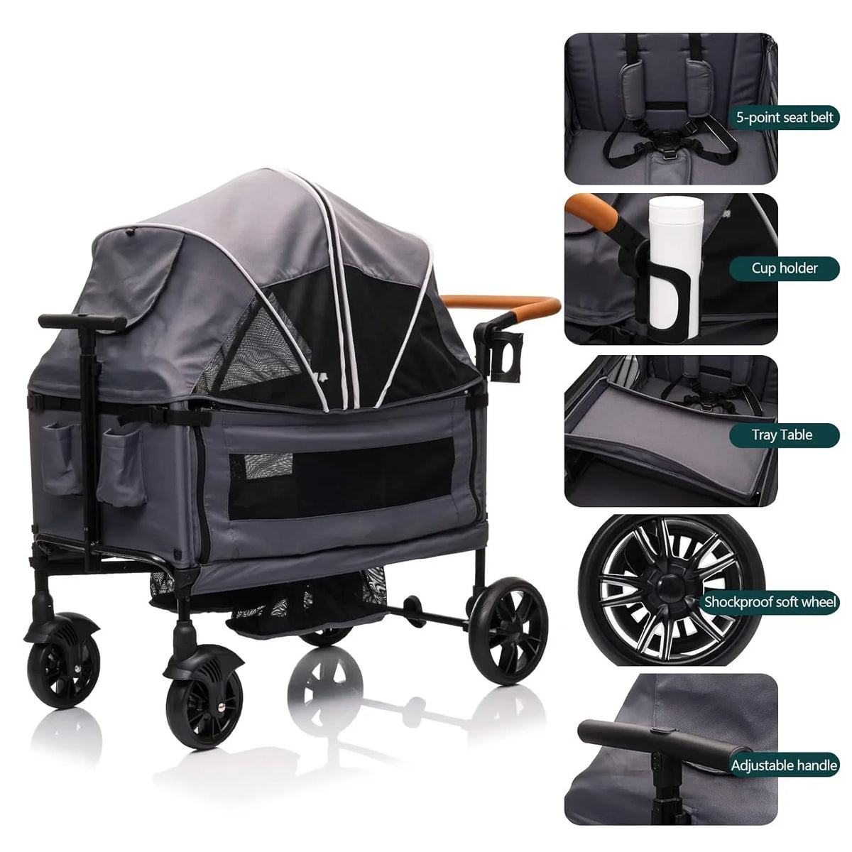 Wagon Stroller for 2 Kids & Cargo-Travel Stroller Push-Pull Double Wagon Lightweight Folding Stroller for Newborn&Toddler with 5-Point Harness,Adjustable Handle Bar and Canopy,Tray Table,Cup Holder