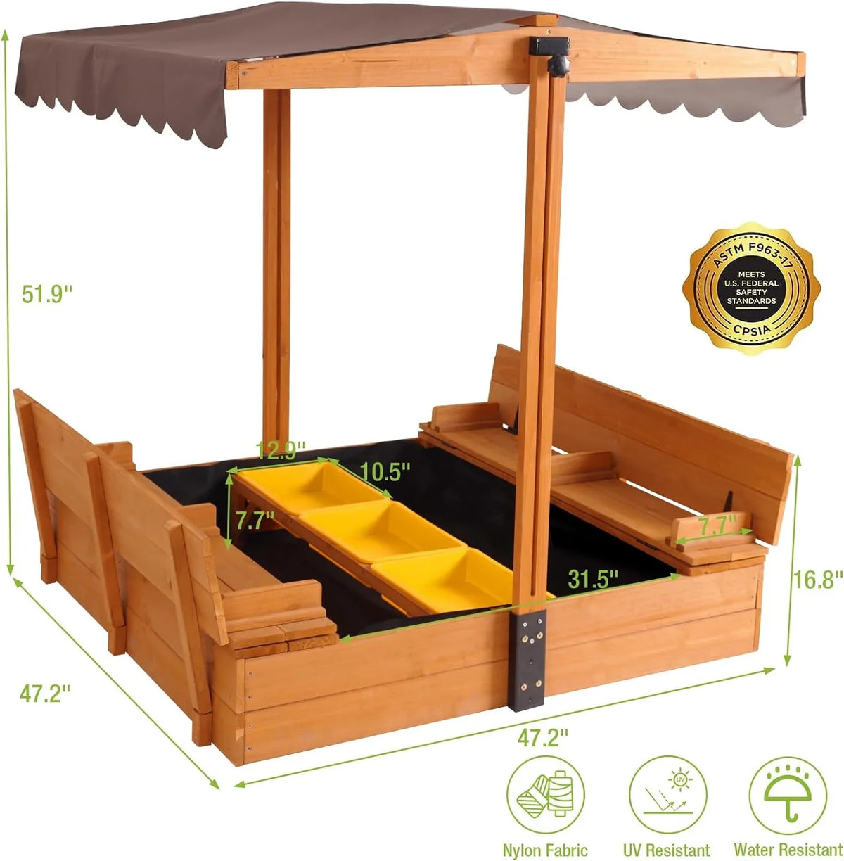 Kids Wooden Outdoor Sandbox w/Canopy, 2 Foldable Bench Seats, Retractable Roof Sand Protection Liner 47x47-Inch