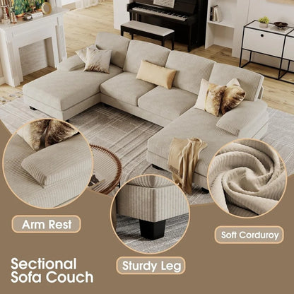 Furmax Sectional Couches For Living Room, U-Shaped Sofa Couch With Linen Fabric, 4 Seat Sofa Set With Double Chaise For Apartment, Fabric, Grey