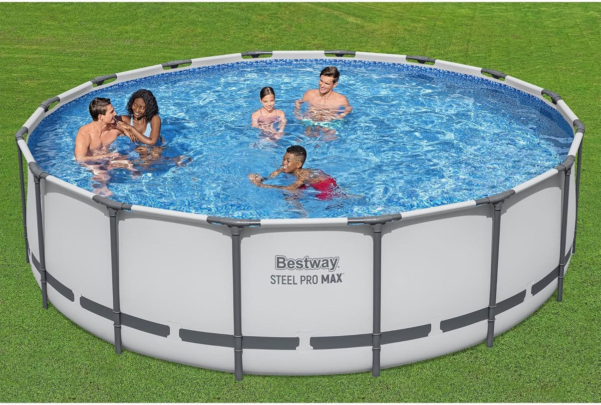Steel Pro MAX 14 Foot x 48 Inch Round Metal Frame Above Ground Outdoor Swimming Pool Set with 1,000 Filter Pump, Ladder, and Cover, Gray