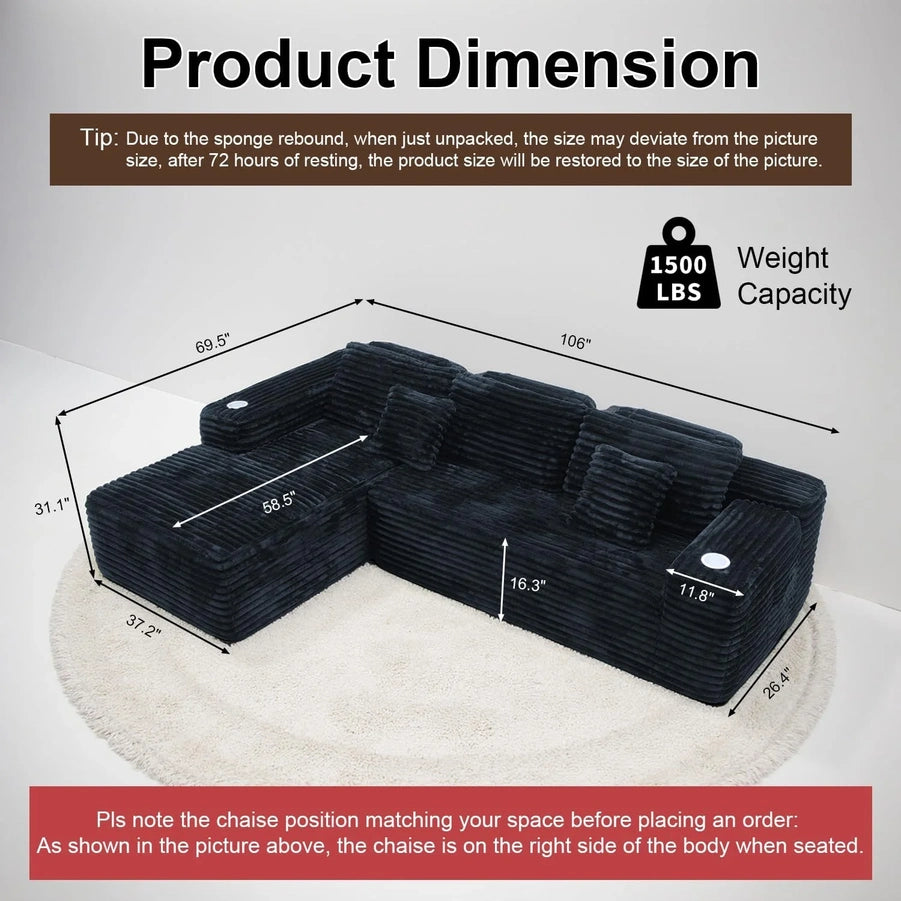 Cloud Sectional Couch With L-Shape Chaise, Modern Modular Sofa With Deep Seat, Built-In Cup Holder And Storage Pocket For Living Room Bedroom