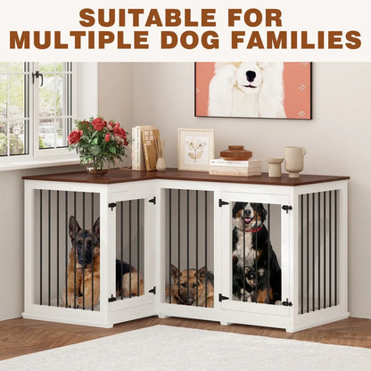 Large Corner Dog Crate Furniture for 2 Dogs, L Shape Dog Crate Cage - 58.7X41.1