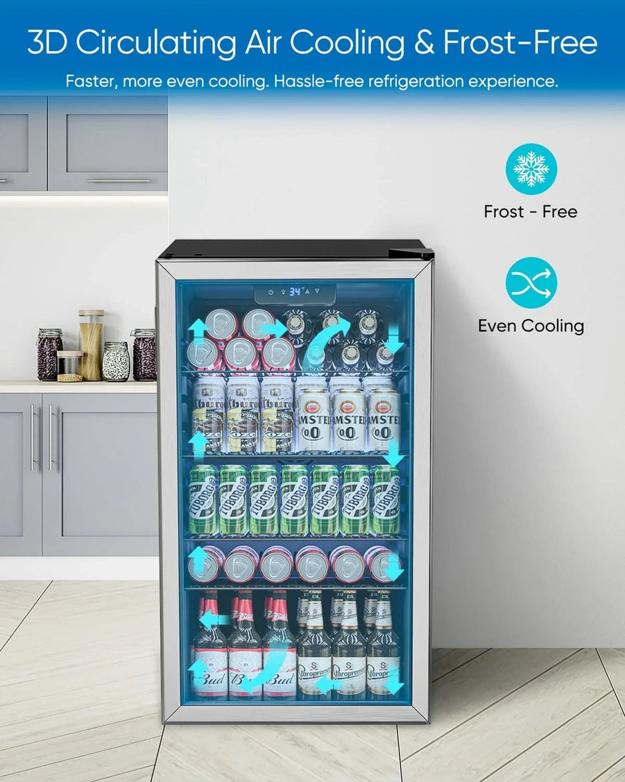 Beverage Refrigerator Cooler- 126 Can Mini Fridge Glass Door For Drinks Soda Beer Wine- Small Refrigerator For Office Bedroom Home Bar