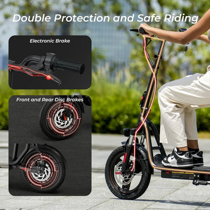 iScooter electric scooter with seat, 37/21 mile range, 28/19/15.6 mph top speed, dual suspension scooter with basket