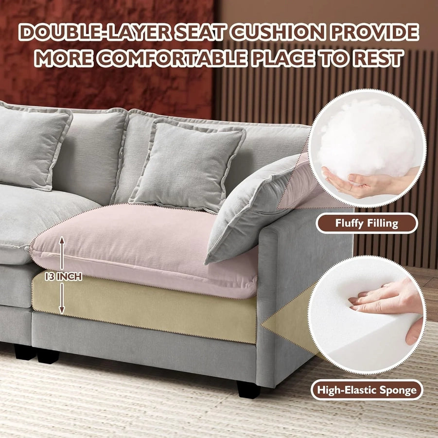 111.4 In. L-Shaped Modern Sofa Modular Cloud Sofa Ottoman 4-Seater Chenille Deep Seat Sofa