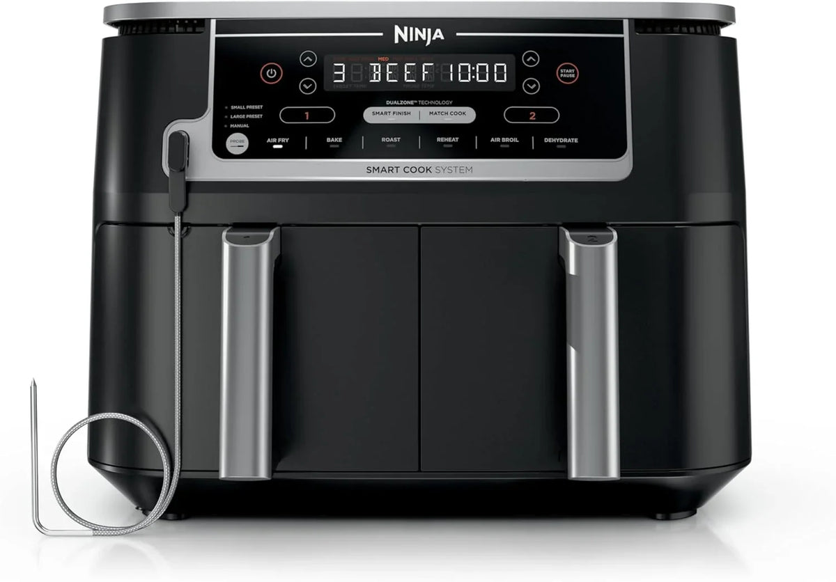 Ninja Foodi 10QT 6-in-1 DualZone Smart XL Air Fryer, 2 Independent 5QT Baskets, Smart Cook Thermometer, Match Cook, Smart Finish, Air Fry, Roast, Bake, Dehydrate, Reheat, Grey, DZ550