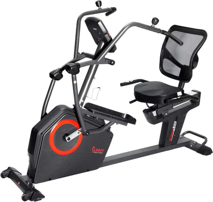 Sunny Health & Fitness Electromagnetic Recumbent Cross Trainer Exercise Elliptical Bike w/Arm Exercisers, Easy Access Seat & Exclusive SunnyFit庐 App Enhanced Bluetooth Connectivity - SF-RBE4886SMART