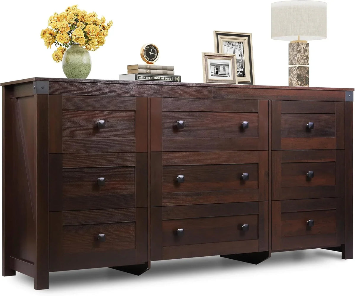 9 Drawer Led Dresser for Bedroom, 58.35'' Wide Wood Dresser Storage Organizer with Power Outlets for 65'' TV, Dressers with Open Shelves
