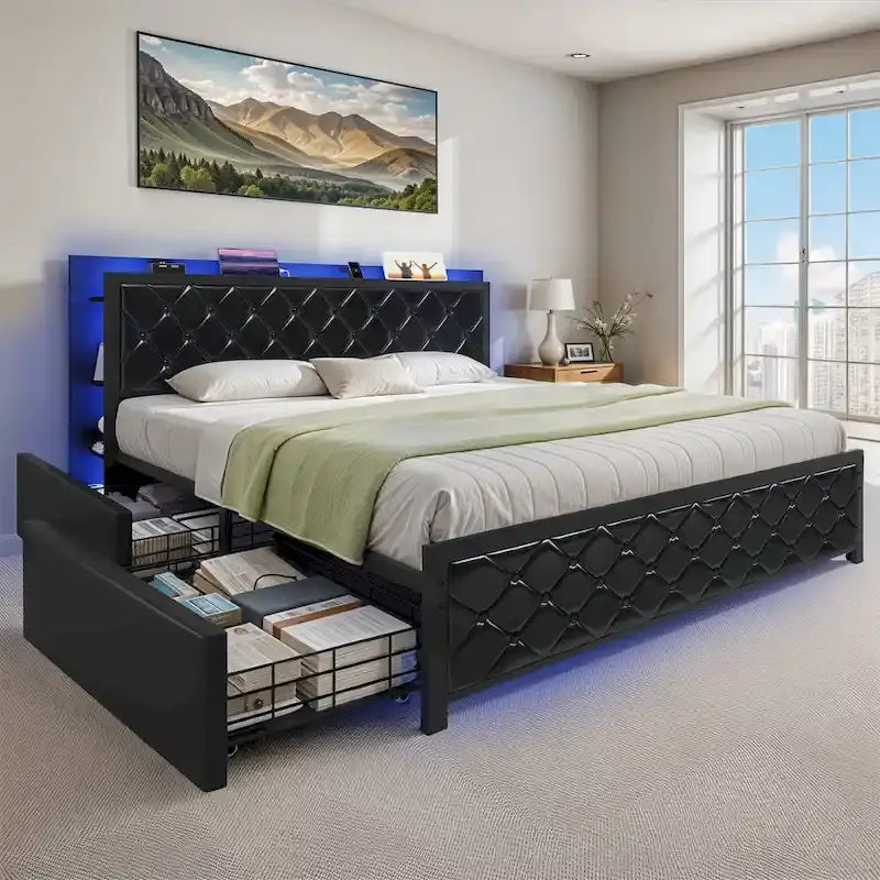 Moasis Queen Size PU Bed Frame LED Upholstered Platform Bed Frame