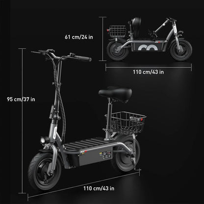 iScooter electric scooter with seat, 37/21 mile range, 28/19/15.6 mph top speed, dual suspension scooter with basket