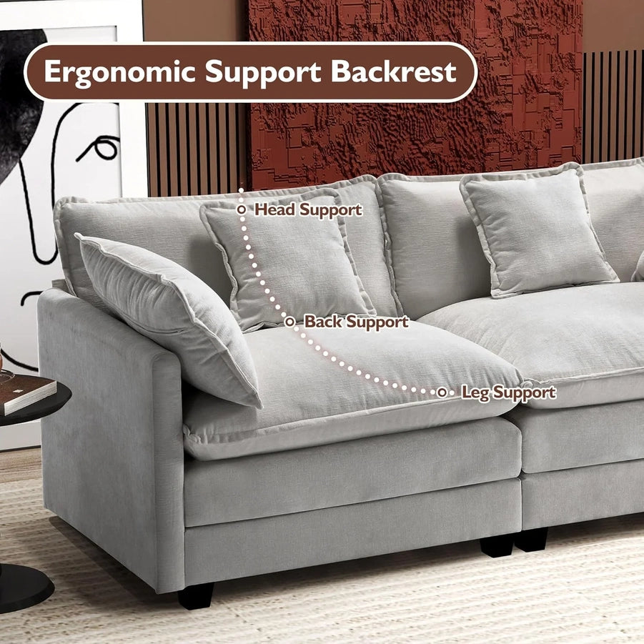111.4 In. L-Shaped Modern Sofa Modular Cloud Sofa Ottoman 4-Seater Chenille Deep Seat Sofa