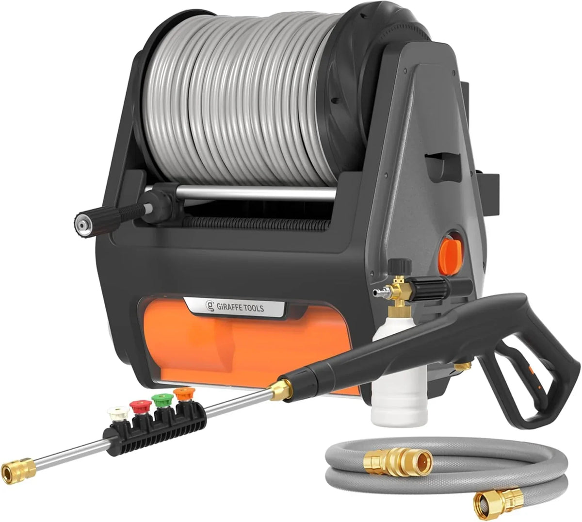 Giraffe Tools Grandfalls Pressure Washer, Max 2900 PSI, 2.2 GPM Electric Wall Mounted Power Washer with 100ft Retractable Hose, Foam Cannon, 4-Nozzles for Car/Driveways/Patios