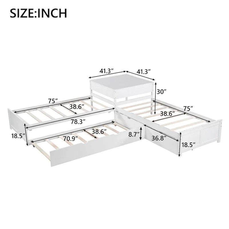 White Modern Twin Size L-shaped Platform Bed with Trundle and Drawers for Bedroom