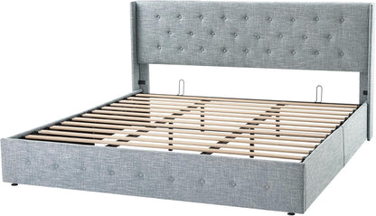 Allewie Queen Size Lift Up Storage Bed, Modern Wingback Headboard, Hydraulic Support, No Box Spring Needed, Light Beige