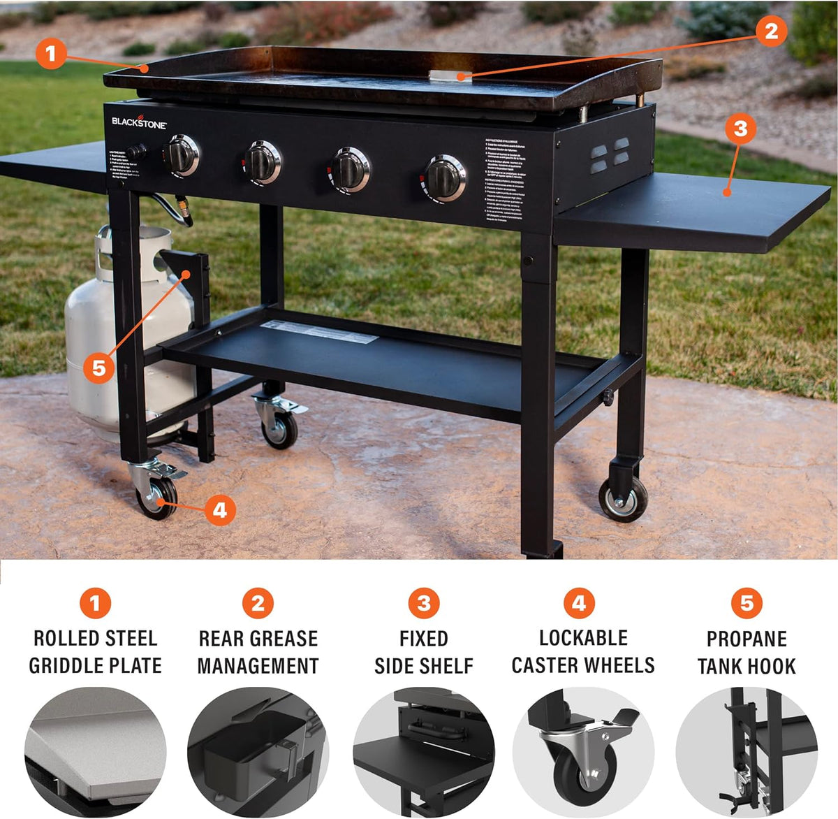 36" Gas Griddle Cooking Station 4 Burner Flat Top Gas Grill Propane Fueled Restaurant Grade Professional 36" Outdoor Griddle Station with Side Stands (1554)