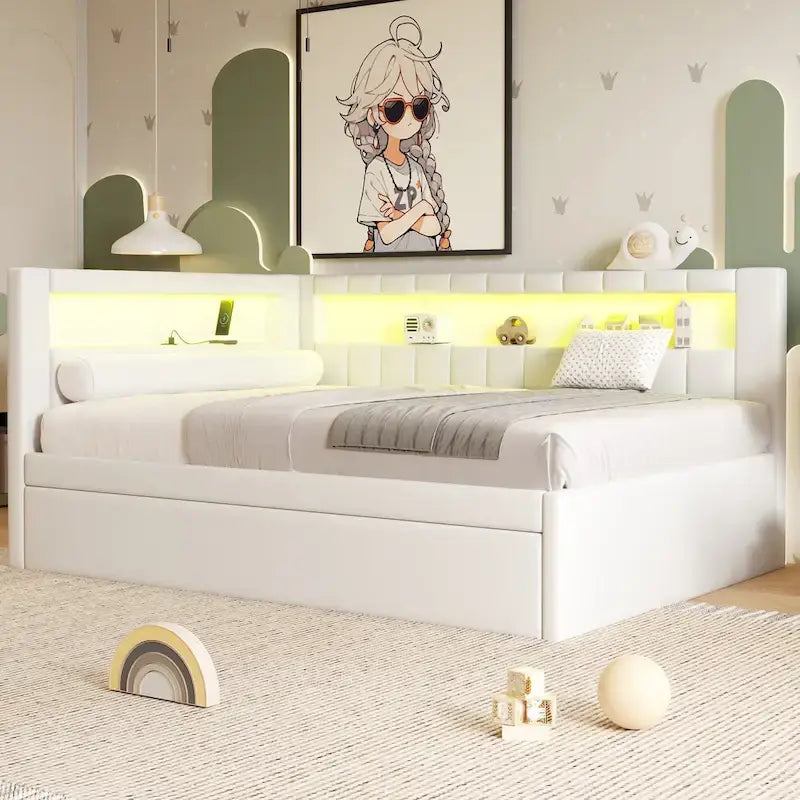Upholstered Platform Bed with USB Ports & LED Lighting - Full/Twin Size Bed Frame with 2 Storage Drawers - Modern Bedroom