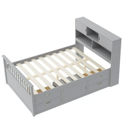 Twin/Full Size Captain Platform Bed with 4 Drawers and Storage Shelves, Solid Wood Bed Frame with Storage Bookcase Headboard