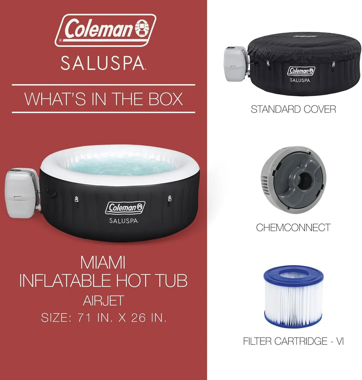 Coleman SaluSpa Miami AirJet 2 to 4 Person Round Inflatable Hot Tub Portable Outdoor Spa with 120 Soothing AirJets and Insulated Cover, Black