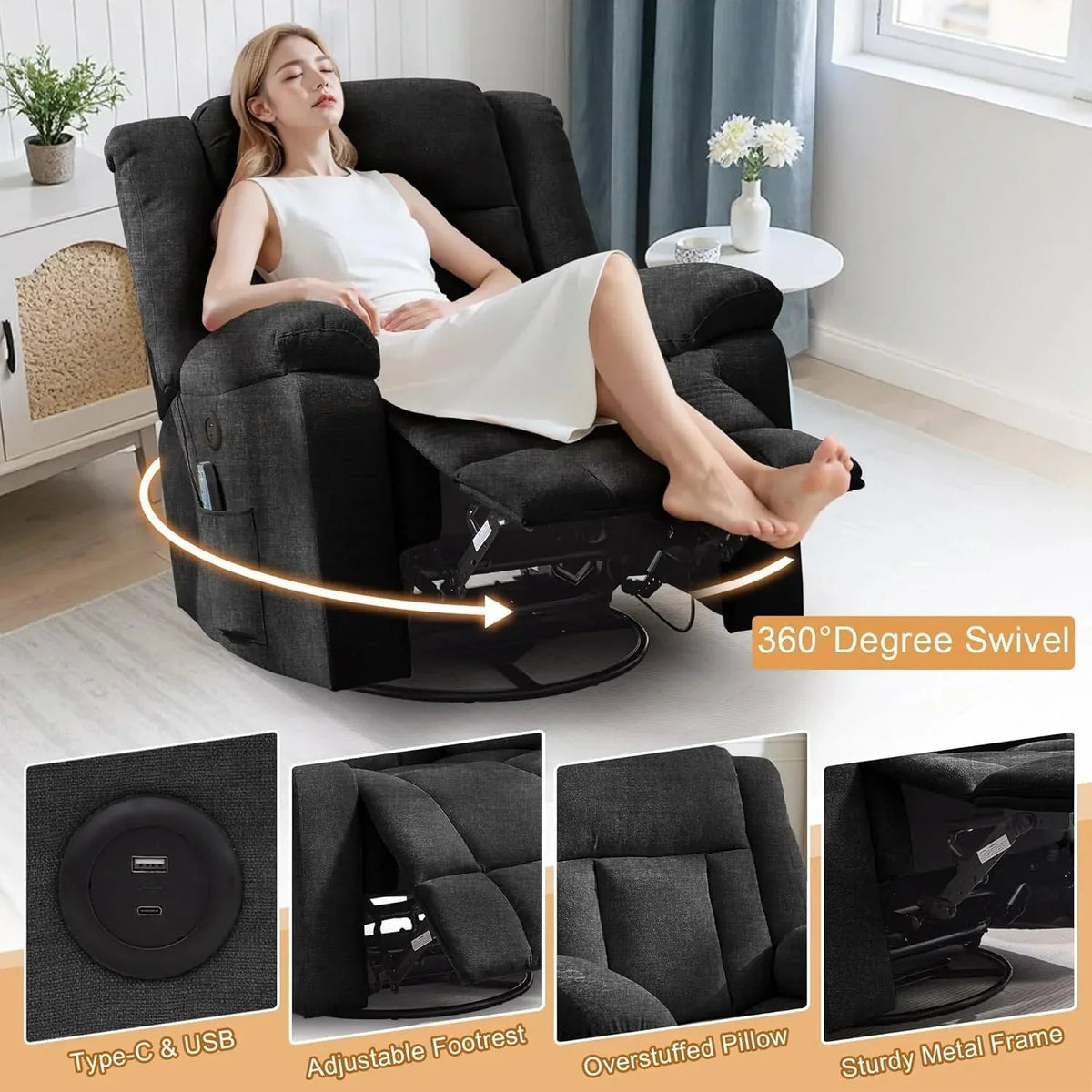 Rocker Recliner, Glider Recliner Chairs for Adults, 360° Swivel Rocking Chair with Massage and Heating, Nursery Chair with Storage and USB Charging for Living Room, Bedroom, Nursery