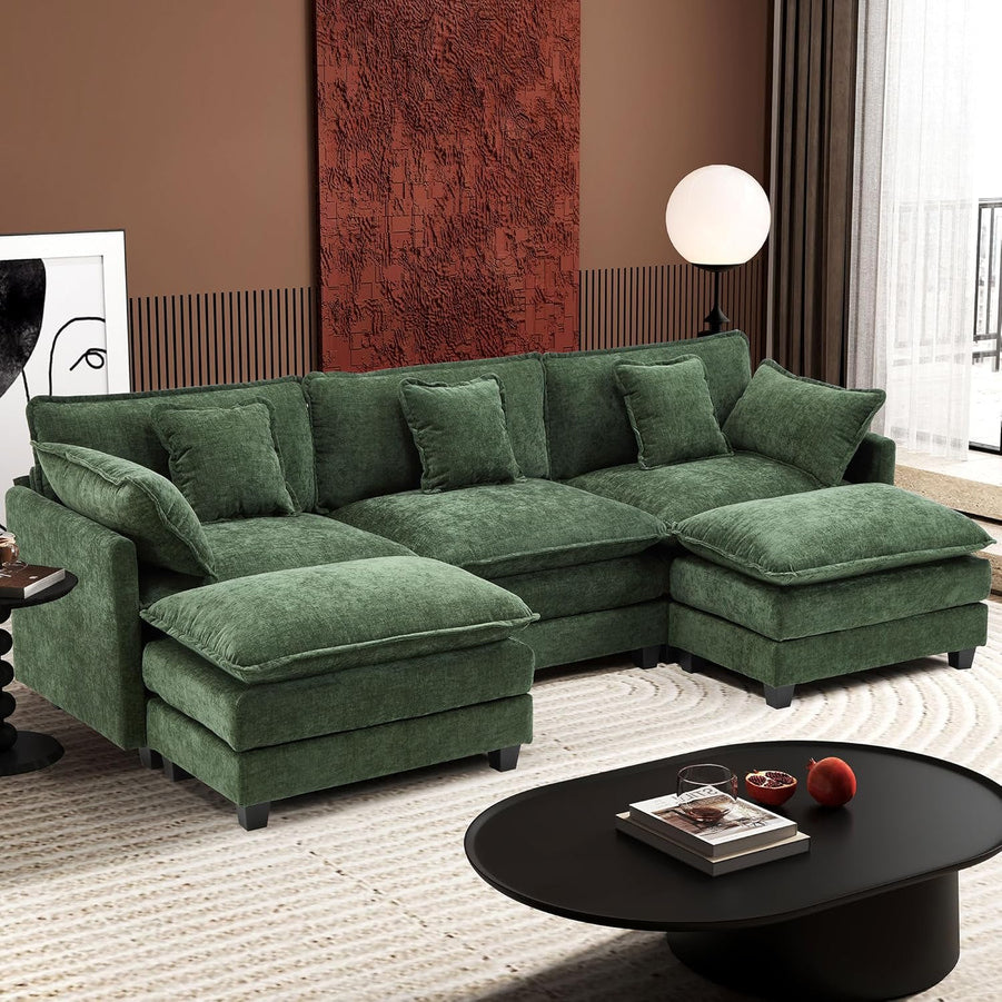 111.4 In. L-Shaped Modern Sofa Modular Cloud Sofa Ottoman 4-Seater Chenille Deep Seat Sofa