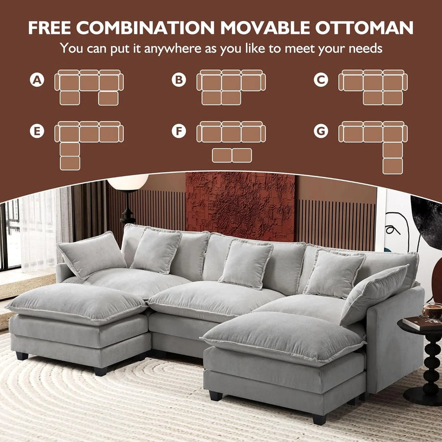 111.4 In. L-Shaped Modern Sofa Modular Cloud Sofa Ottoman 4-Seater Chenille Deep Seat Sofa