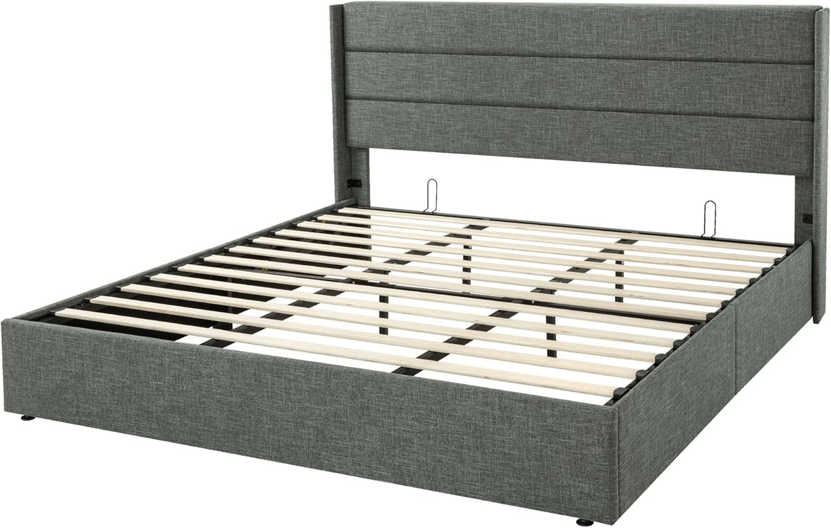 Allewie Queen Size Lift Up Storage Bed, Modern Wingback Headboard, Hydraulic Support, No Box Spring Needed, Light Beige