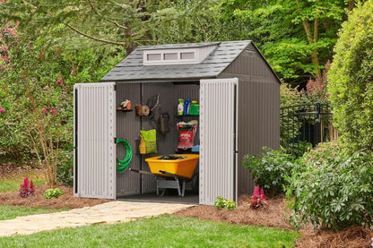 Rubbermaid Resin Outdoor Storage Shed With Floor (7 x 7 Ft) Weather Resistant Gray Organization for Home/Backyard/Garden Tools/Lawn Mower/Bike Storage/Pool Supplies