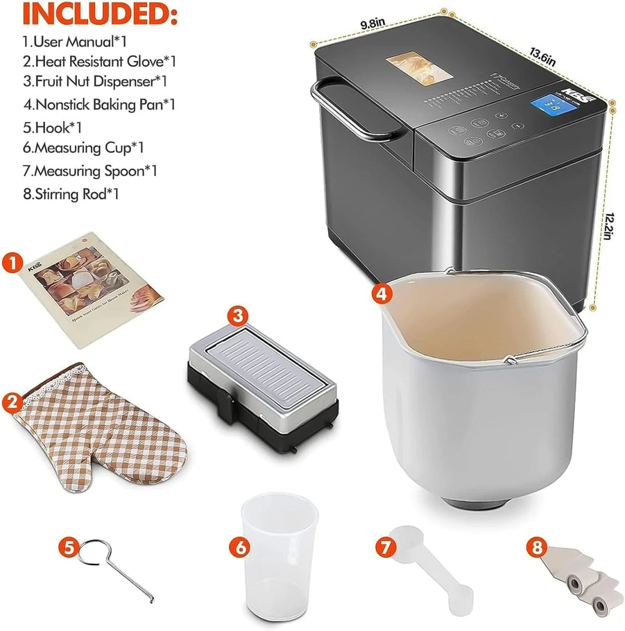 Kbs 17-in-1 Stainless Steel Bread Machine With Dual Heaters